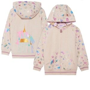 Kids Disney Princess Castle Zip Up Hoodie Beige Glitter Sparkle Size 6